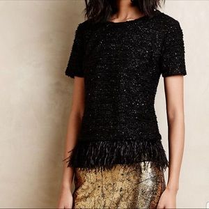 Anthropologie Deletta Balck Boucle Feather Trim Top